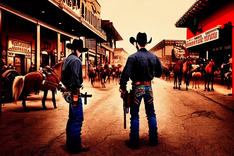 Image similar to an extremely detailed masterpiece photograph of two cowboy gunslinger facing off from a low angle in the crowed streets of durango, digital art, epic scene, cinematic lighting, tensive mood, silverado, 8 k