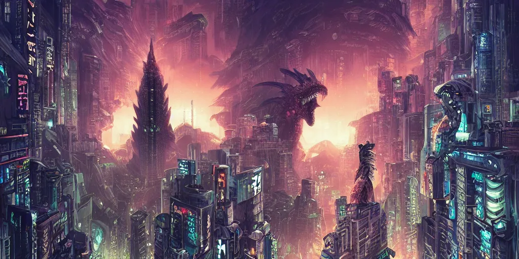 Prompt: kaiju rampage in 2099 Neo-Tokyo, digital matte black paper art pastiche by Moebius and by Cyril Rolando, Beautiful epic cityscape, pastiche by Moebius, Cyril Rolando, Shawn Coss, Junji Ito, and Roger Dean