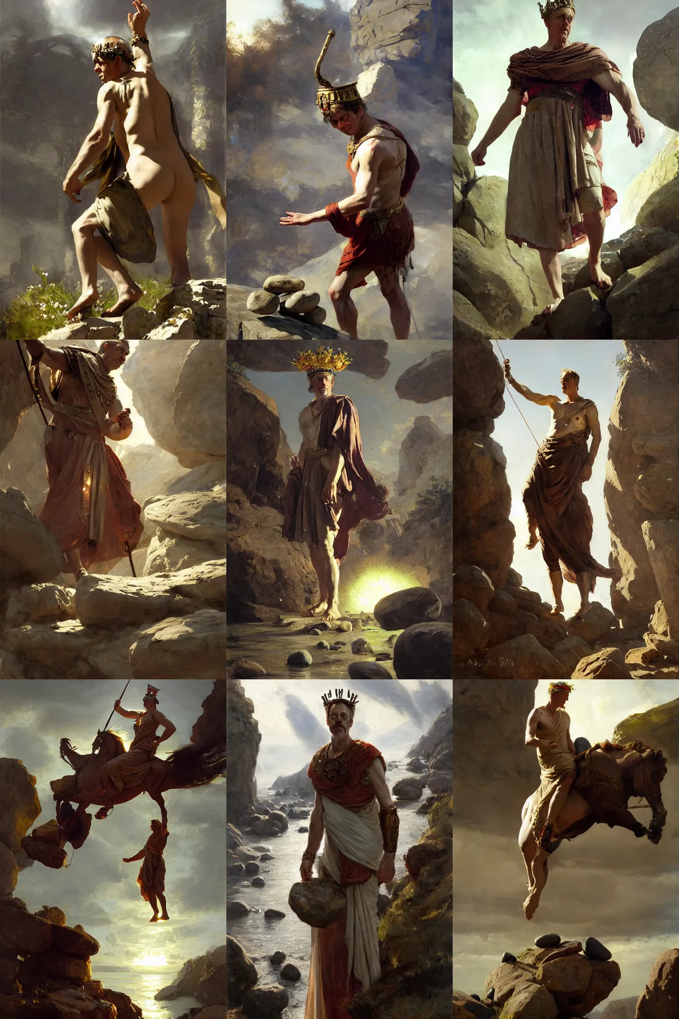 Prompt: ancient roman steve buscemi wearing the civic crown while he floats and hovers above the ground glowing with power small rocks and pebbles begin lifting off the ground around him, art by anders zorn, wonderful masterpiece by greg rutkowski, beautiful cinematic light, american romanticism by greg manchess, jessica rossier