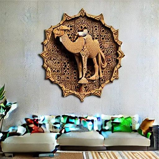 Image similar to gorgeous ornated 3 d printed realistic detailed sacred camel wall decoration with filigree