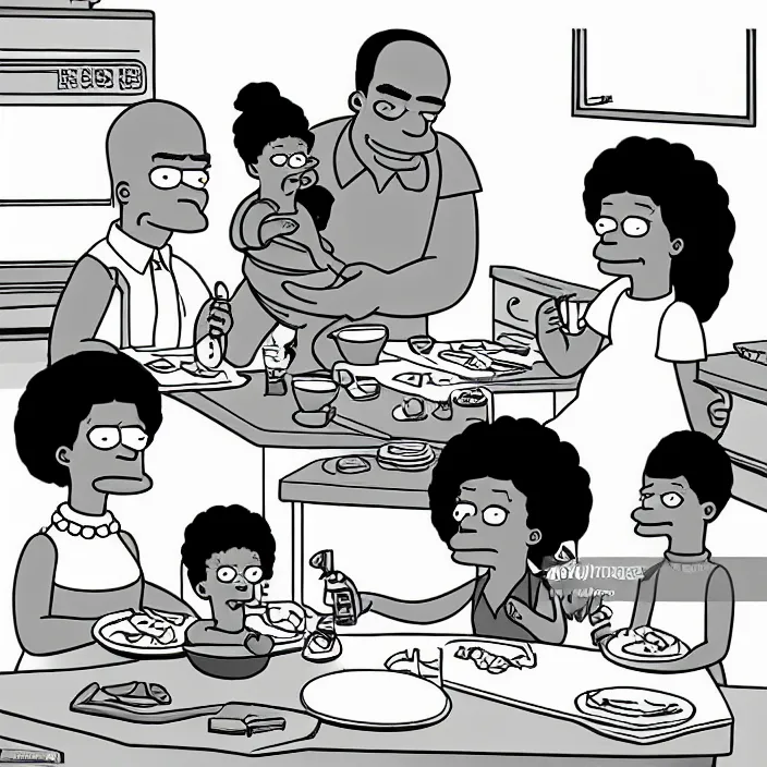 Image similar to African American family in 1979 with two daughters and a son eating chicken, mash potatoes, and rolls for dinner. Cartoon version Simpsons style