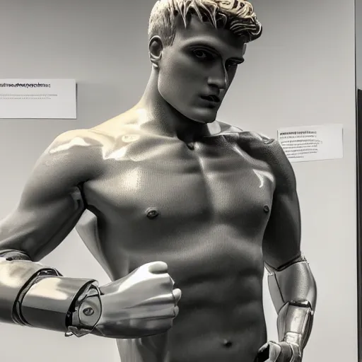 Image similar to a realistic detailed photo of a guy who is an attractive humanoid who is half robot and half humanoid, who is a male android, boxer and youtuber jake paul, shiny skin, posing like a statue, blank stare, at the museum, on display