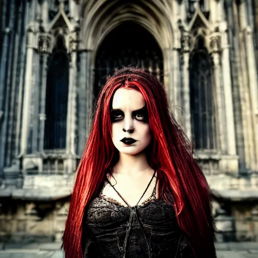 Image similar to gothic girl dressed in black, behind her a gothic cathedral, dramatic lights, dark ambients, the windows of the cathedral are reflecting red flame lights, golden hour, detailed face, intricate ornaments