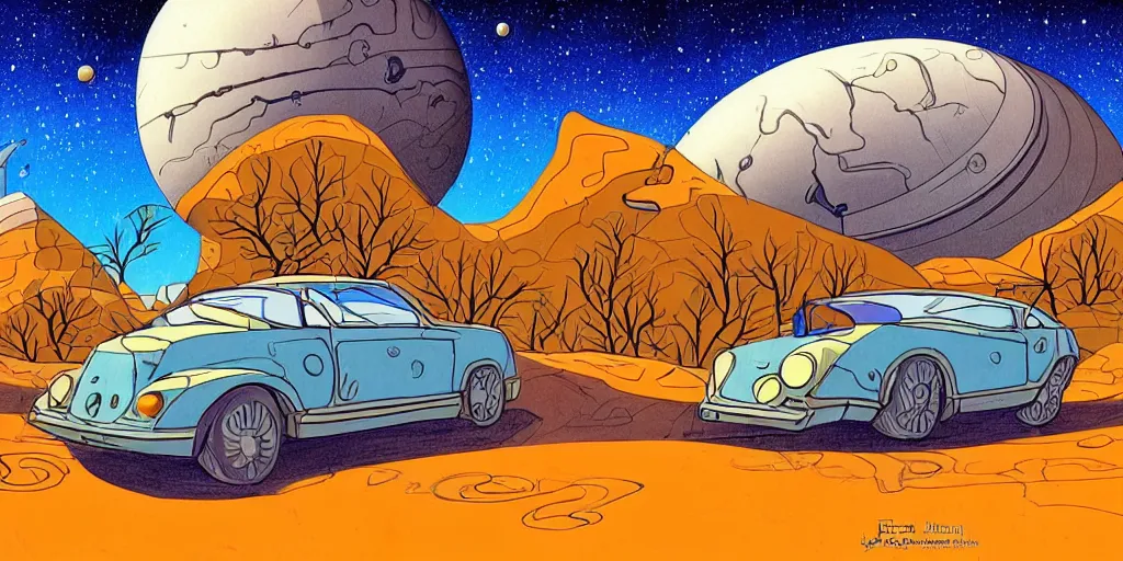 Prompt: traditional drawn colorful animation a car with solo man with sad face to valley symmetrical architecture on the ground, space station planet afar, planet surface, ground, tree, outer worlds extraterrestrial hyper contrast well drawn Metal Hurlant Pilote and Pif in Jean Henri Gaston Giraud animation film The Masters of Time FANTASTIC PLANET La planète sauvage animation by René Laloux