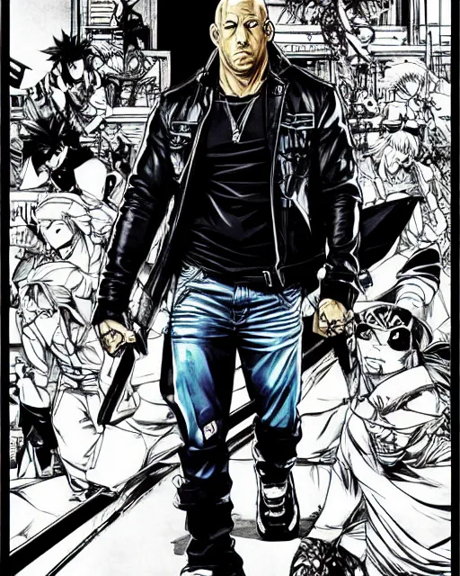 Prompt: Digital pen drawing of Vin Diesel walking like a Italian model in JoJo\'s Bizzare Adventure anime style, official JoJo\'s Bizzare Adventure, highly detailed, sharp focus, screentone shading, sligthly hard shadows, 1990 manga panel, trending on ArtStation, manga cover art drawn by Hirohiko Araki, colorized by Shueisha