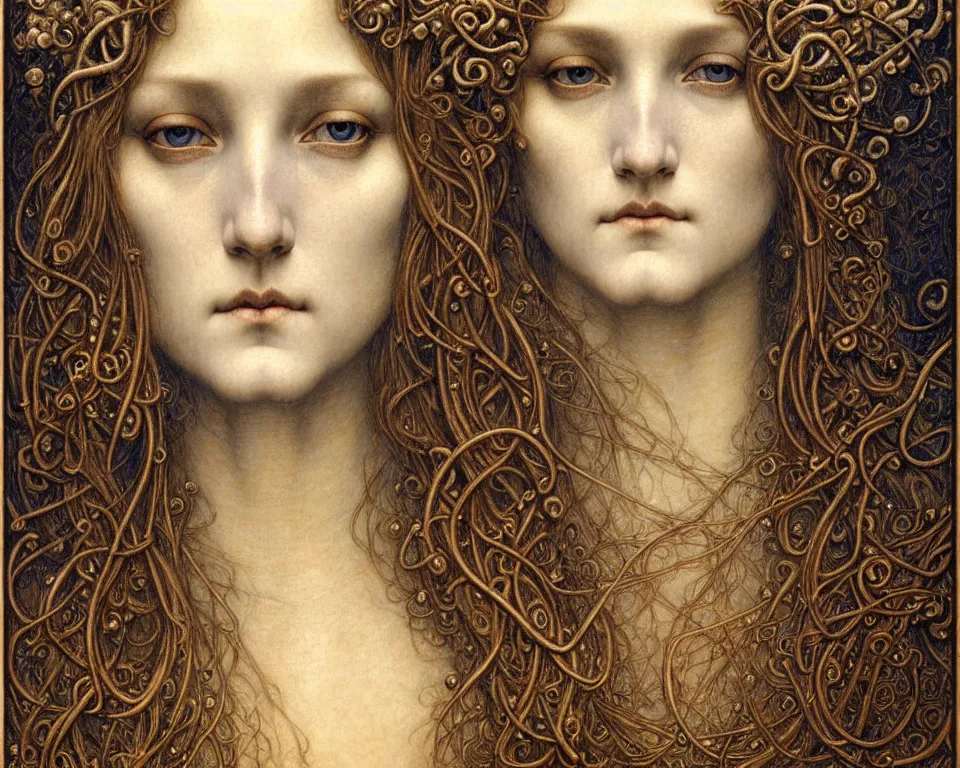 Image similar to detailed realistic beautiful young medieval queen face portrait by jean delville, gustave dore and marco mazzoni, art nouveau, symbolist, visionary, gothic, pre - raphaelite. horizontal symmetry