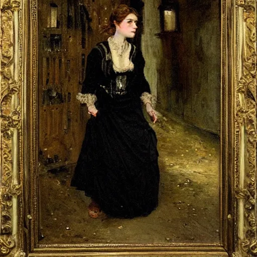 Prompt: young victorian woman escaping a dungeon, by alfred stevens