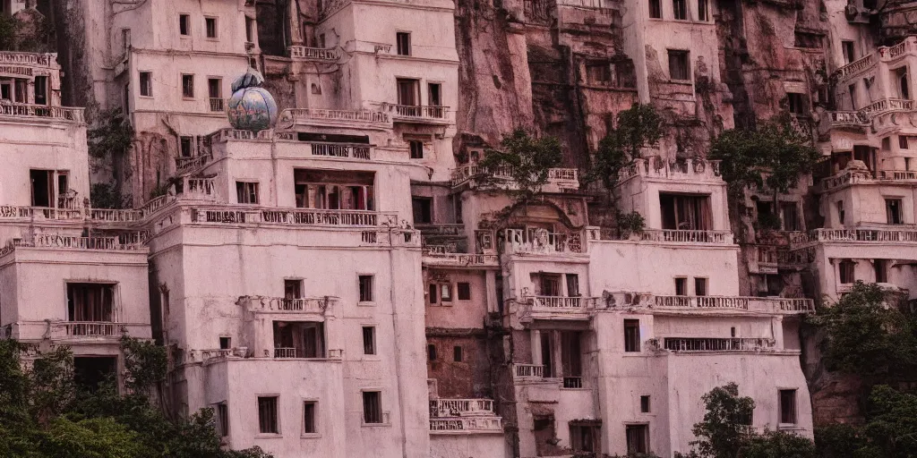 Image similar to a very high resolution image from a new movie, upside - down old temple, beautiful scenery, photorealistic, photography, directed by wes anderson