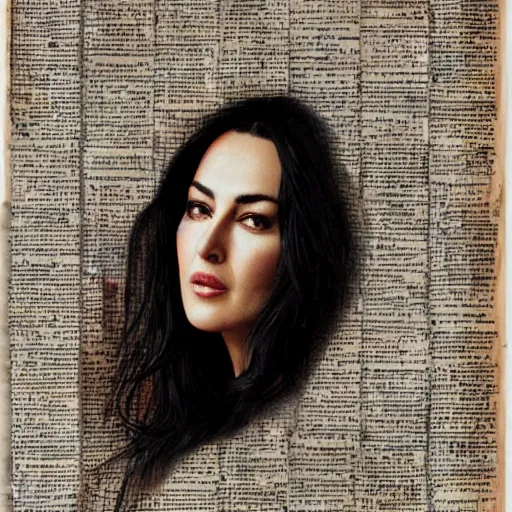 Image similar to a beautiful!!! collage art portrait of Monica Bellucci constructed from pages from alchemical grimoires, 8K, highly detailed, cryptic and mysterious, hypermaximalist, photorealistic