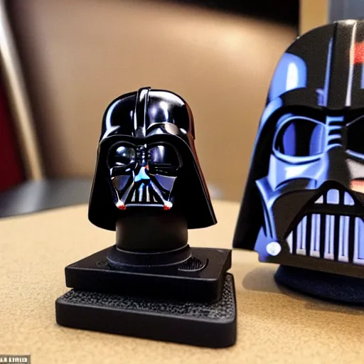 Image similar to of darth vader on his iphone on a train with a small rubber duck sitting next to him looking up at him the rest of the seats are taken up with storm troopers photorealistic