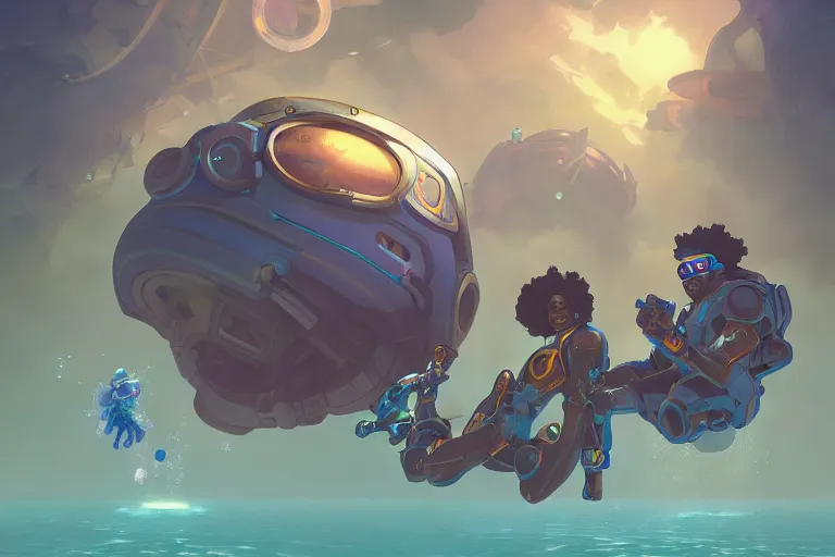 Image similar to afro - futurist scuba divers swimming away from a gigantic alien mola mola, smooth and sharp digital painting by greg rutkowski and alphonse mucha and rossdraws | afrofuturism in the style of hearthstone and overwatch, trending on artstation