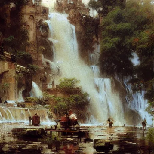 Image similar to waterfall flooding an entire city. victorian age. highly detailed painting by gaston bussiere, craig mullins, j. c. leyendecker