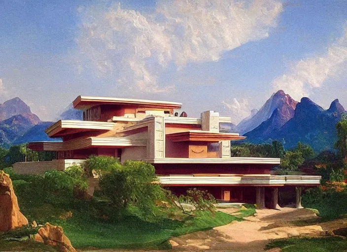 Image similar to painting of a frank lloyd wright house in front of beautiful mountains by thomas cole