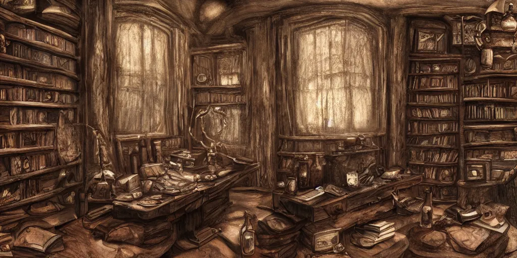 Prompt: in the old weathered halls of miskatonic university, an ancient leather - bound tome sits on a mahogany shelf beside cloudy glass jars and artifacts recovered from remote tribes, detailed lovecraftian concept art 4 k hd trending on artstation