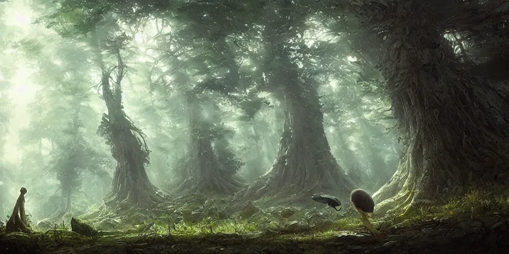 Prompt: an immense and powerful mushroom grows in a forest, it glows with an eery light, dark fantasy, Greg Rutkowski and Studio Ghibli and Ivan Shishkin