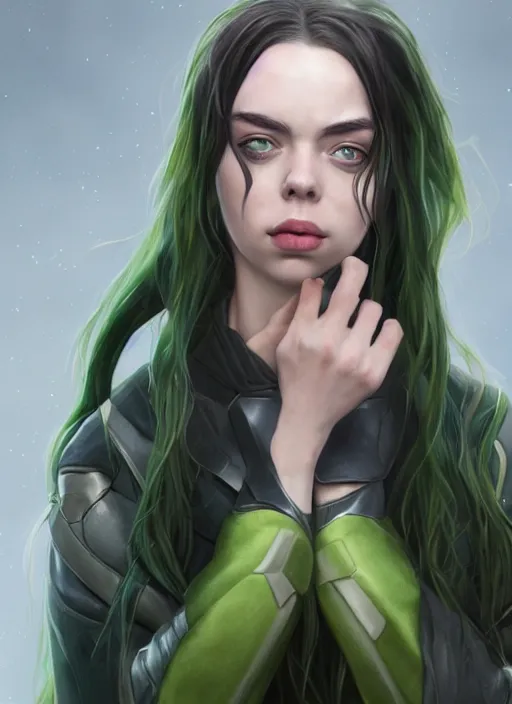 Image similar to billie eilish as female loki by Stanley Artgerm Lau, WLOP, Rossdraws, James Jean, Andrei Riabovitchev, Marc Simonetti, and Sakimichan, trending on artstation, hyper realistic, smooth render, bokeh