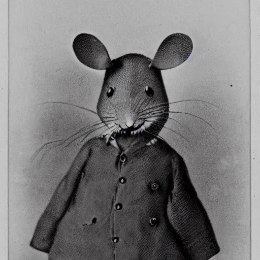 Prompt: old photoraph of a mouse dressed as a man, highly intricate, highly detailed, black and white