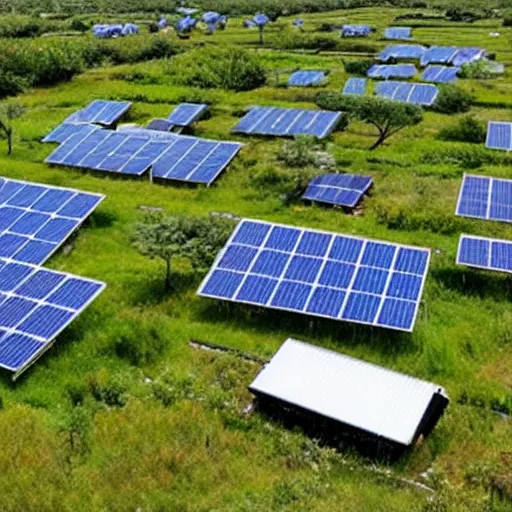 Prompt: eco village with solar panels, flying zebra