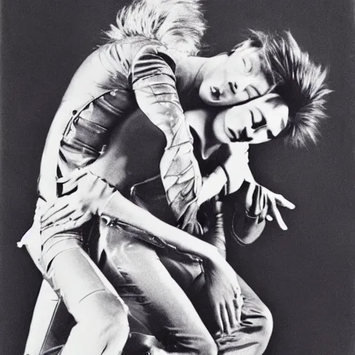 Prompt: david bowie giving a piggy back ride to ziggy stardust. glam rock. cosmic. karl blossfeldt