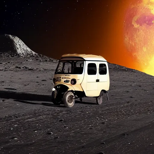 Image similar to a bajaj tuk tuk traveling on the surface of the moon, moon craters, night sky, milky way, hard lighting, matte painting, concept art, 4k