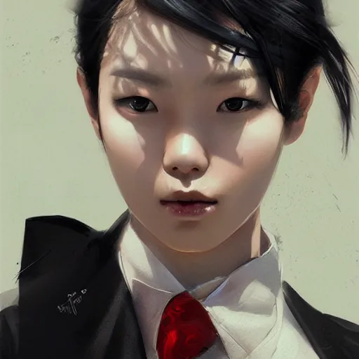 Image similar to portrait of a beautiful korean girl wearing a men's tuxedo, with bangs, very long hair and bangs, angular features, angry expression, dramatic lighting, illustration by Greg rutkowski, yoji shinkawa, 4k, digital art, concept art, trending on artstation