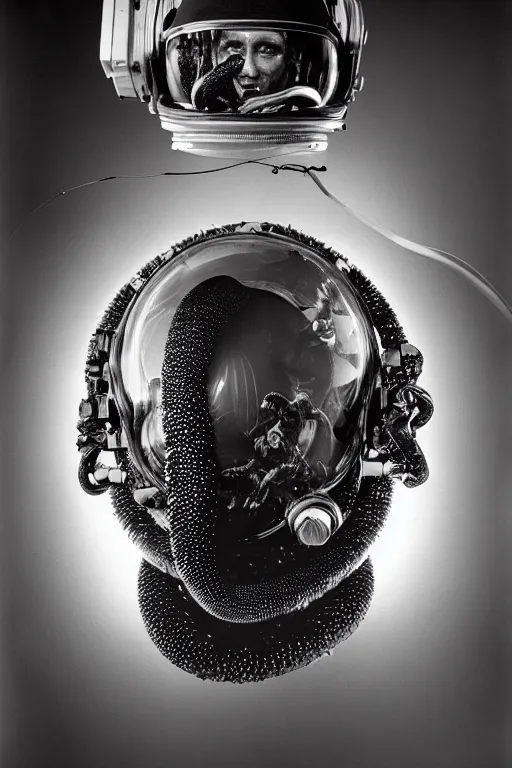 Image similar to extremely detailed studio portrait of space astronaut, alien tentacle protruding from eyes and mouth, slimy tentacle breaking through helmet visor, shattered visor, full body, soft light, disturbing, shocking realization, hyper detailed, award winning photo by herb ritts