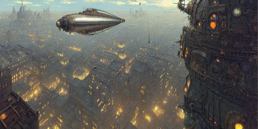 Image similar to steampunk airship above a busy city, exquisite details, denoised, mid view, by norman rockwell, karl kopinski, artsation, greg rutkowski, makoto shinkai, takashi takeuchi, studio ghibli