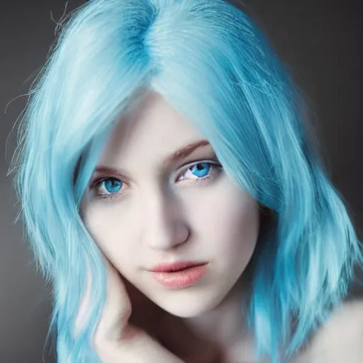 Prompt: A portrait of an attractive light blue haired girl, high quality, photorealistic