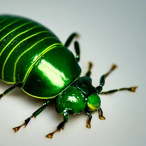 Image similar to hybrid of green beetle and snail, photorealistic, close - up