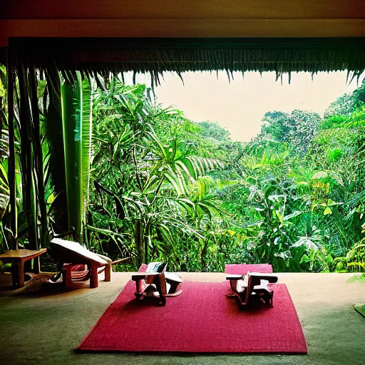 Prompt: A tropical modern villa in the jungles of goa, near a lotus pond, photograph by Harry Gruyaert, shot on large format film camera, natural light,