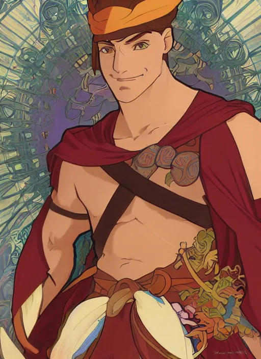 Image similar to official digital painting artwork of a male warrior character by don bluth, ross tran and studio ghibli + alphonse mucha.