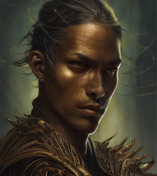 Prompt: portrait of a male dark Jedi by karol bak, WLOP, James Jean, tom bagshaw, rococo, trending on artstation, glossy eyes, face, fantasy, intricate, elegant, highly detailed, digital painting, concept art, smooth, sharp focus, illustration, cinematic lighting, hyper realism, octane render, 8k, hyper detailed.