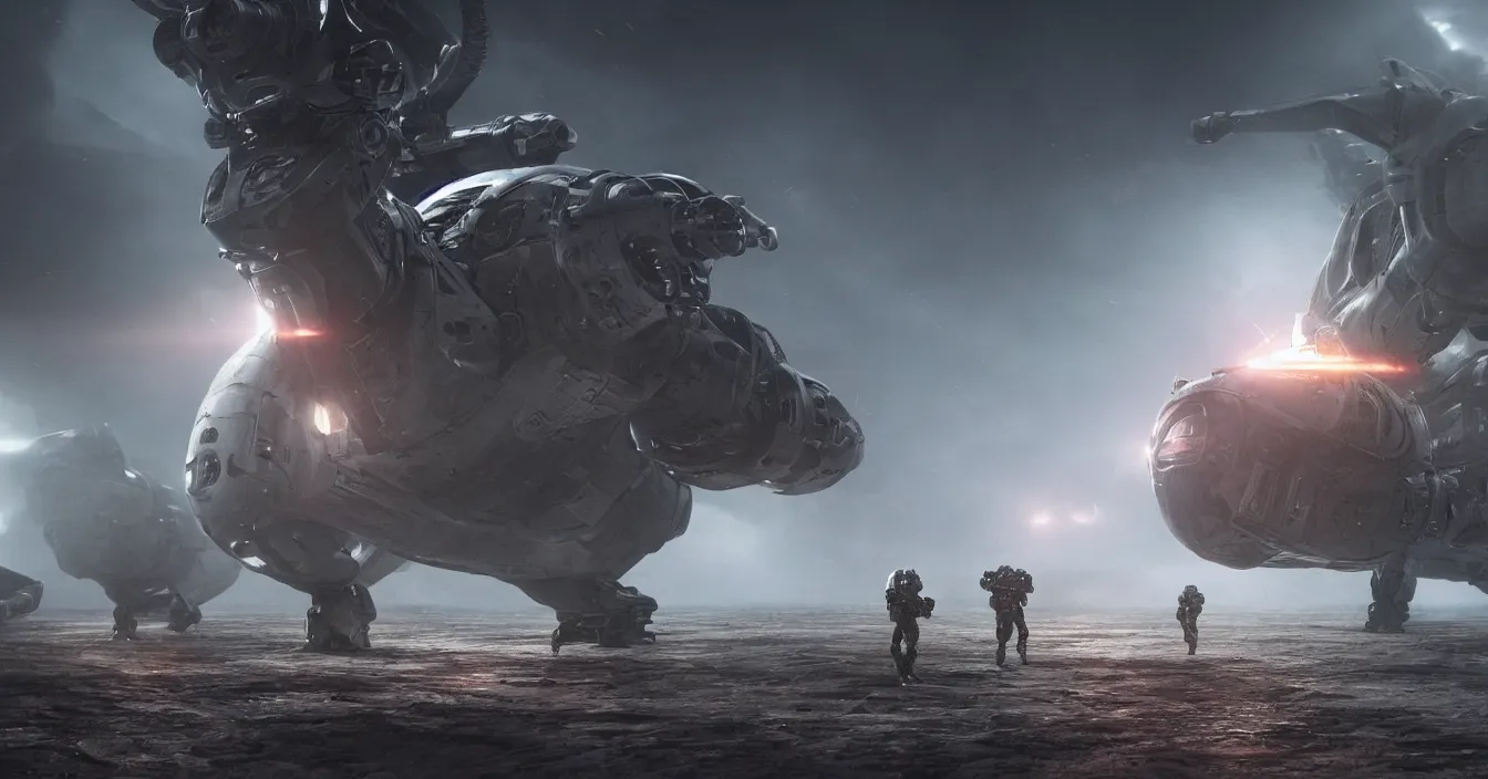 Prompt: realistic image from scifi movie with alien machine running against world army, in futuristic battleground, particles with difractions, reflections, volumetric fog light, dark atmosphere, dramatic cinematic composition, depth, defocus, rendered in vray, raytracing, raymarching, by ilm, digital domain, weta digital