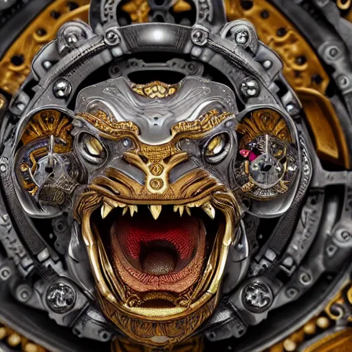 Prompt: A steampunk roaring tiger head made from ornate engraved full plate armor and watch gears and jewels and gems, macro shot by Justin Gerard, unreal engine, detailed, intricate, physically based rendering