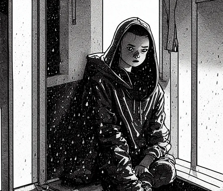 Image similar to sadie sink in hoodie sits on windowsill, knees tucked in | rain falls at night : storyboard, scifi cyberpunk. by gabriel hardman, joe alves. cinematic atmosphere, detailed and intricate, perfect anatomy