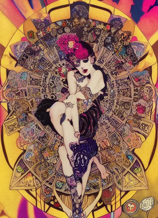 Image similar to cute punk goth fashion fractal Día de los Muertos tattooed blonde girl posing, psychedelic poster art of by Victor Moscoso Rick Griffin Alphonse Mucha Gustav Klimt Ayami Kojima Amano Charlie Bowater, masterpiece