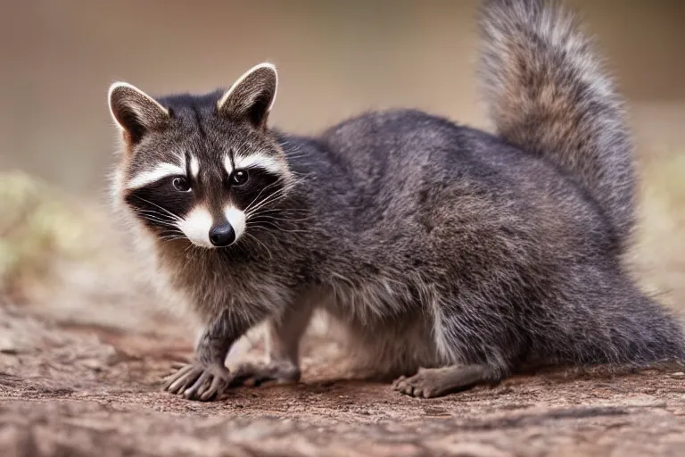 Prompt: a cat racoon!!! hybrid! hyper realistic!! realistic lighting!! wildlife photographer of the year!!! bold natural colors, national geographic, hd, wide angle, 8 k