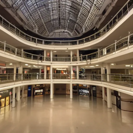 Prompt: an old creepy empty mall at night with only one light on