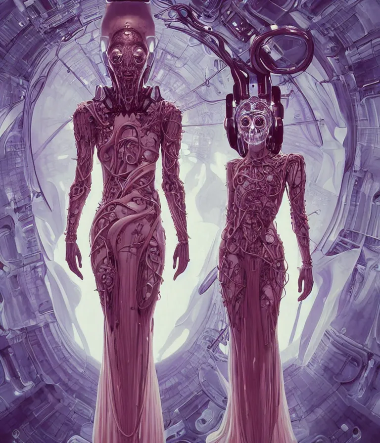 Image similar to fully symmetrical centered portrait of a beautiful princess in robe. artificial muscles, ribcage, bones, hard surface modelling. cyberpunk look. biomechanical mask. bio luminescent biomechanical halo around head. jellyfish. artwork by jarold Sng by artgerm, by Eddie Mendoza, by Peter mohrbacher by tooth wu by alfons mucha, unreal engine, octane render, cinematic light, iridescent details, iridescent colors, dichroic, macro, depth of field, blur