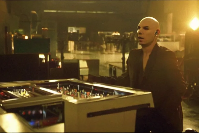 Image similar to pitbull playing a pitbull themed pinball machine, over the shoulder perspective, in 1 9 8 5, y 2 k cybercore, industrial low - light photography, still from a kiyoshi kurosawa movie
