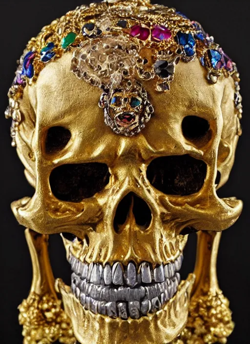 Prompt: rubens ornate gothic gold skull painting covered in jewels