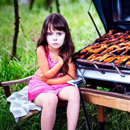 Prompt: big - eyed brunette sweet little girl looking sad in front of barbecue near tent at camp, artistic 4 k