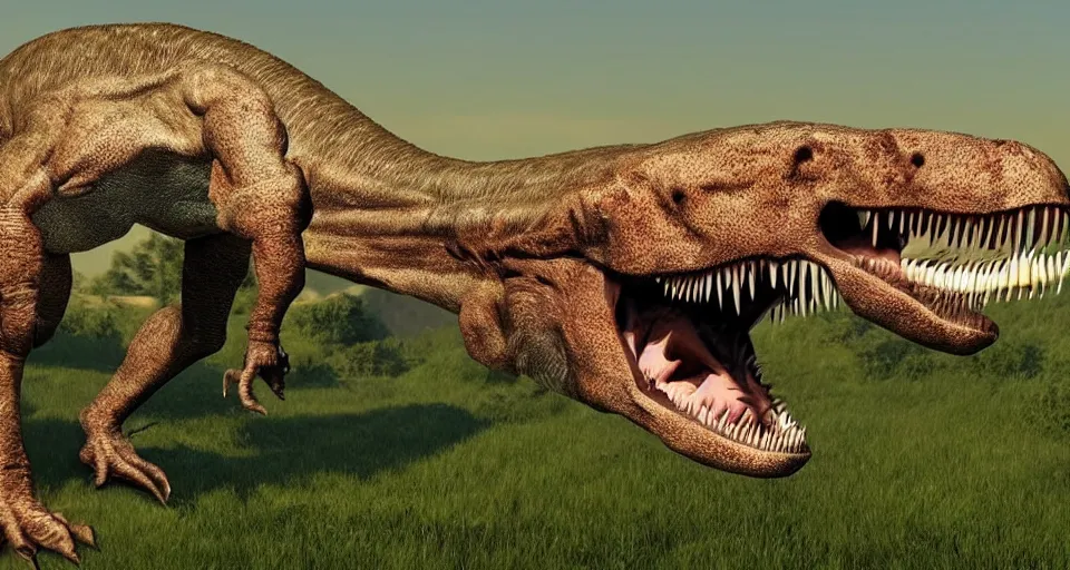 Image similar to accurate recreation of a tyrannosaurus rex in real life realistic photograph very very very detailed