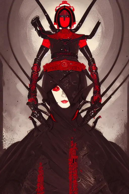 Image similar to portrait Ninja gaiden girl, armored black and red ninja wardrobe, in ruin japanese rainny temple night, ssci-fi and fantasy, intricate and very very beautiful and elegant, highly detailed, digital painting, artstation, concept art, smooth and sharp focus, illustration, art by tian zi and WLOP and alphonse mucha