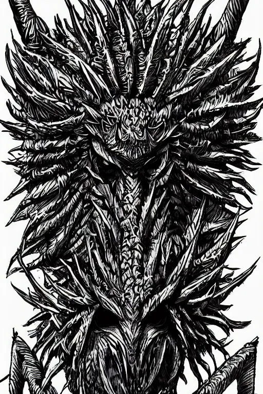 Image similar to armoured warrior thistle monster, symmetrical, highly detailed, digital art, thistle themed armour, sharp focus, trending on art station, kentaro miura manga art style