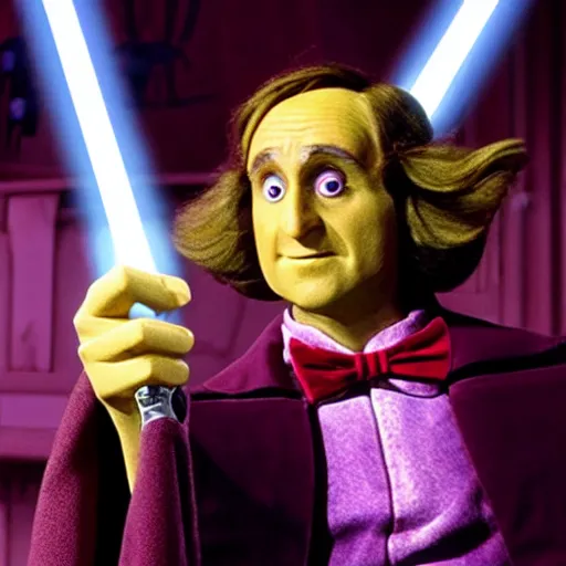 Image similar to willy wonka as a jedi from star wars, using jedi robe and holding a lightsaber, realistic 4 k,