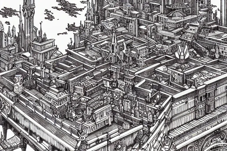 Image similar to establishing shot of a late renaissance coastal city, intricate linework, in the style of moebius, ayami kojima, 1 9 9 0's anime, retro fantasy