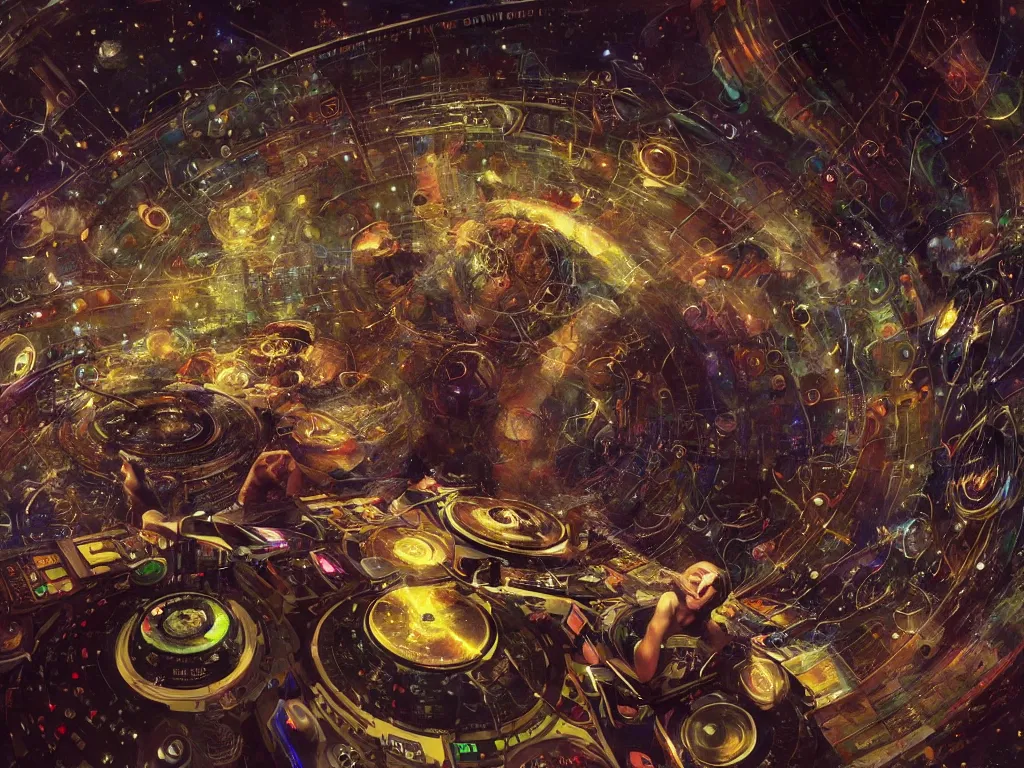 Prompt: an incredible masterpiece of a mystical dj playing a vast array of highly evolved and complex musical technology surrounded by an incredible and complex circular structure in the cosmos, by craig mullins