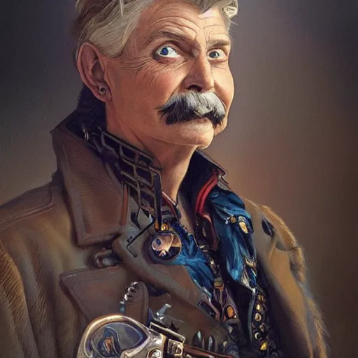 Image similar to charles elmer rip taylor jr, portrait, western, steampunk, flamboyant duster, fantasy, intricate, elegant, highly detailed, digital painting, artstation, concept art, sharp focus, illustration, art by artgerm and greg rutkowski and alphonse mucha