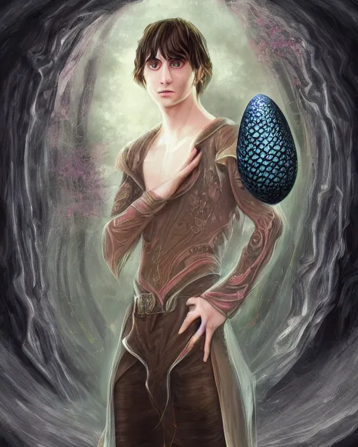 Prompt: portrait of elven teenage boy mage with long black hair holding dragon egg digital painting modern fantasy highly detailed